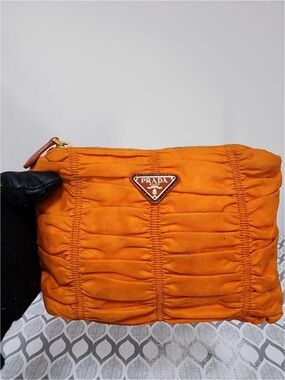 Authentic Prada Tessuto Gaufre Nylon Clutch Orange